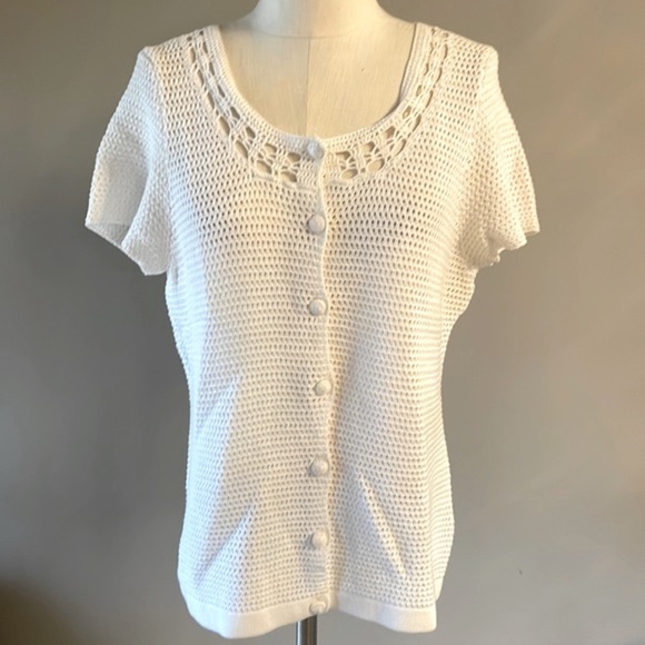 Josephine Chaus white crochet button up cardigan short sleeve cotton size Lrg - Picture 1 of 11